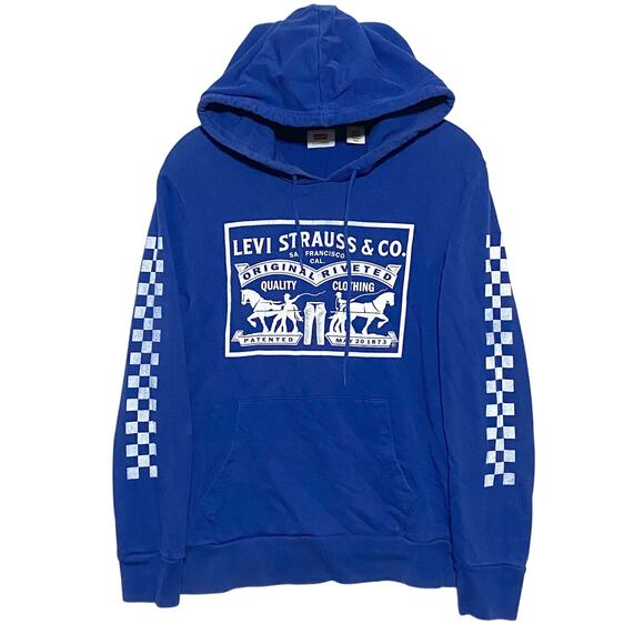 Levis Strauss Logo Two Horse Pullover Hoodie Blue Checkered Mens S Retro Y2K - Picture 1 of 10